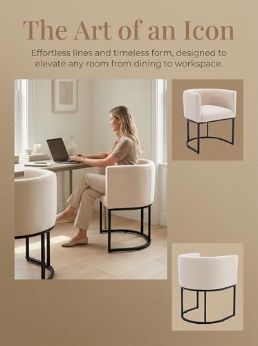Image of HNY Mid Century Modern Upholstered Barrel Dining Chairs with Arms Set of 3, Linen Kitchen & Dining Room Chairs, 18.5 inch Wide Accent Chairs for Dining Room Living Room with Black Metal Frame, Cream