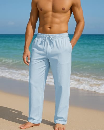Image of PIDOGYM Mens Cotton Linen Pants, Summer Beach Pants Casual Loose Fit with Elastic Waist Drawstring