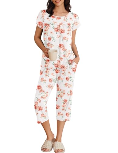 Image of Ekouaer Women's Capri Pajama Set Short Sleeve Mumu Pjs Pleated Top Capri Pants with Pockets Sleepwear Lounge Set