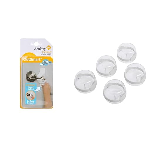 Safety 1st OutSmart - Cerradura de palanca de puerta a prueba de niños (blanco), 1 unidad (paquete de 1) y fundas para pomos de estufa a prueba de