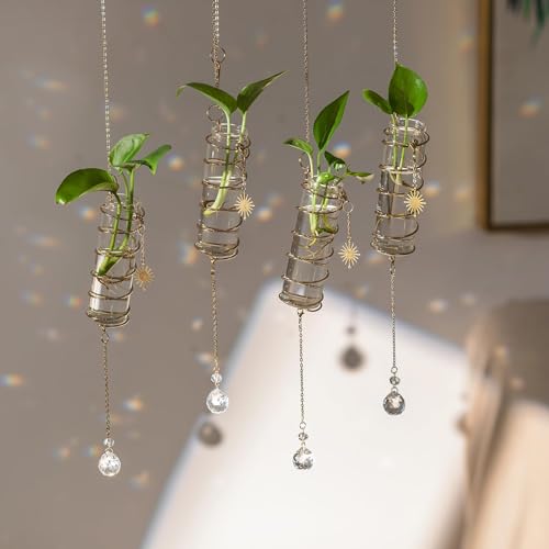 Glasseam Hanging Propagation Stations with Crystal Suncatchers Glass Wall Planters for Indoor Plants Hydroponics - 4Pcs Propagation Tubes Jars with Metal Chain for Home Decor - Unique Gift for Women