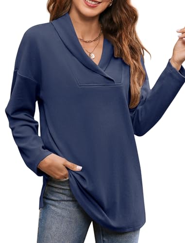 Image of Women's Long Sleeve Tops Fall Shawl Neck Tunic Tops for Leggings Casual Blouse Sweatshirt