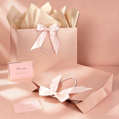 Image of JMANNI Gift Bags with Handles, 11 inch Small Gift Bag for Presents, 1 Pcs Bags with 2 Tissue Paper and 1 Cards for Baby Shower Wedding Bridal Shower Mother's Day Birthday Party (Rose gold)