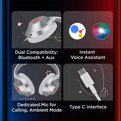 Image of Boat Nirvana 751 ANC Netflix Stream Edition Hybrid Active Noise Cancelling Bluetooth Over Ear Headphones with Up to 65H Playtime, ASAP Charge, Ambient Sound Mode, Immersive Sound, Carry Pouch(Silver)