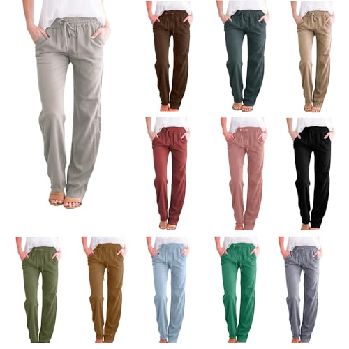 2025 Capri Pants for Women Casual Summer Drawstring Elastic High Waist Linen Pant Straight Leg Cropped2