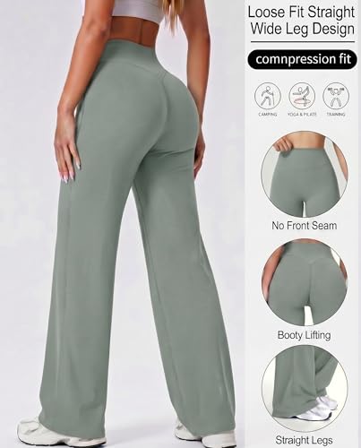 Image of Coume 2 Pack Women Workout Leggings Straight Wide Leg No Front Seam Yoga Gym Pants High Waist Buttery Soft Stretch Leggings