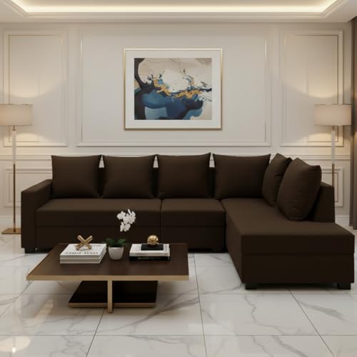 Image of FURNY Gloria 6 Seater Fabric RHS L Shape Sofa Set (Dark Brown) Premium Velvet Finish | Durable Comfort | Ideal for Living Room