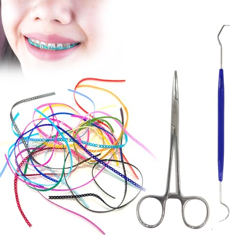 24 Pieces Colorful Power Chain Set (Continuous) for Braces Fashion Dental Care 20cm Orthodontic Elastic Band with Installation Tool Teen & Adult DIY Replacement Chain Colorful Power Chain Set