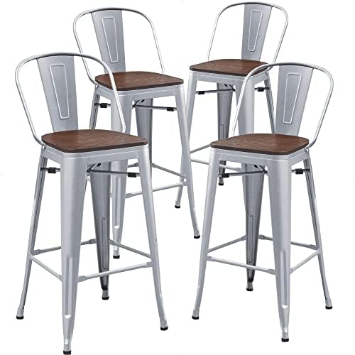 Aklaus Metal Bar Stools Set of 4,30 inch Barstools Bar Height Bar Stools with Backs Farmhouse Bar Stools with Larger Seat High Back Kitchen Dining Chairs Modern Bar Chairs 30" Silver Stools