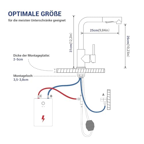 DAYONE Niederdruck Wasserhahn Küche Ausziehbar, Niederdruck Armatur Küche Ausziehbar 3 Anschlüsse, 2 Strahlarten 360° Drehbar Spültischarmatur L-Förm, Ausziehbar Küche Mischbatterie für Boiler