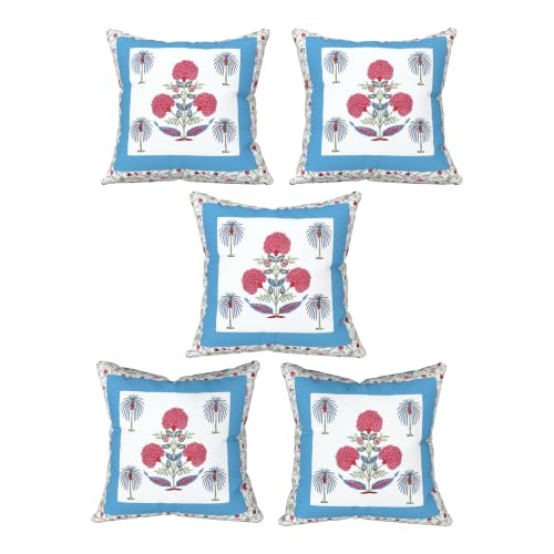 Image of BLOCKS OF INDIA 200TC Diwan Set Cotton 8 Piece | Deewan Printed Bedsheet Sets for Living Room Hall (Set of 8 Piece, 1-Bed Sheet | 2-Bolster Cover | 5-Cushion Cover (Open Blue Motif)