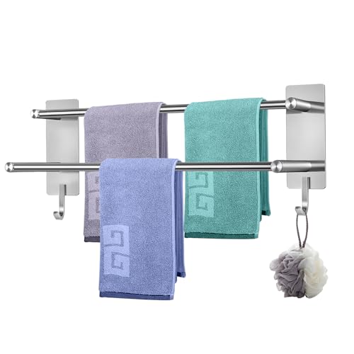 Sampoes Toallero sin taladrar, toallero autoadhesivo, 2 niveles, barra de acero inoxidable con ganchos, resistente al agua, soporte para toallas de baño y cocina