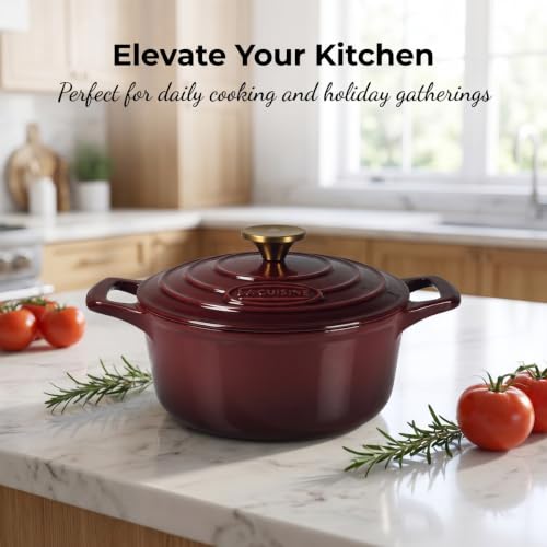 Image of La Cuisine Enameled Cast Iron Dutch Oven Casserole Pot with Golden handle for Lid, Internal Matte Black Enamel Coating, 6.5 QT 11 inch / 28cm O, Oven-Safe 550F /276C, Cranberry