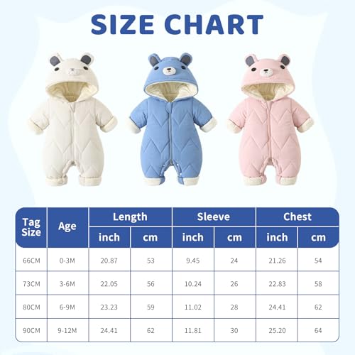 WYTbaby Baby Schneeanzug Warm Einteiliger Winteroverall Mit Kapuze Fleece Jumpsuit für Jungen Mädchen 3-6 Monate Weiß