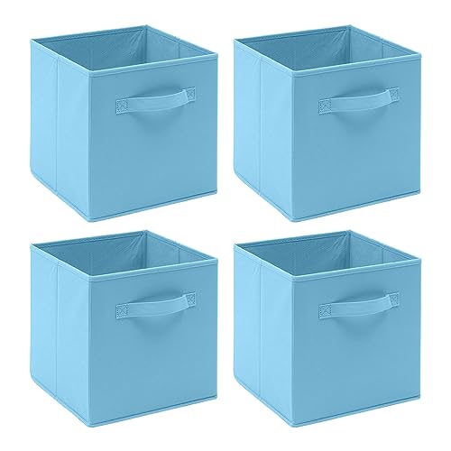 BonChoice Foldable Storage Cubes Boxes Pack of 4 with Handle for Home Organization, Fabric Wardrobe Storage Box Organizer Basket Bins for Clothes Beddings Toys Towels, Collapsible & Durable (Blue, 4)