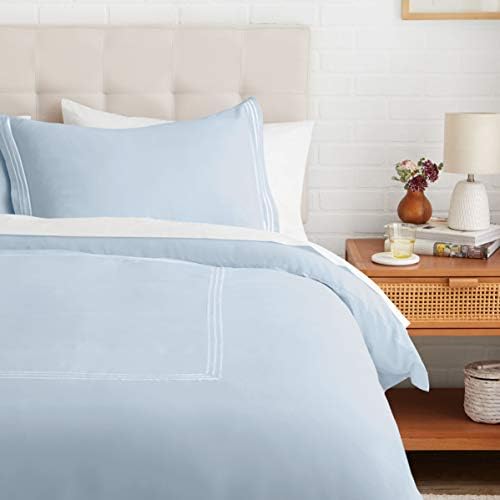 Amazon Basics Embroidered Hotel Stitch Duvet Cover Set - Soft, Easy-Wash Microfiber - Full/Queen, White with Taupe Embroidery