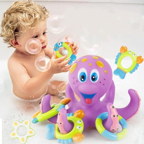 Image of Happy Hues Octopus with Shape Rings Bath Toys for Babies &Toddlers- Mold-Free Wall Mount Waterfall Bath Toys (Octopus Ring)