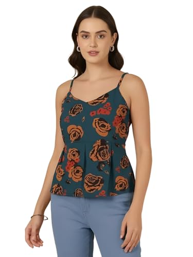 Image of Pinkmint Women Pure Cambric Cotton Printed Peplum Top | Sleeveless Spaghetti Strap Summer Casual Top for Women & Girls