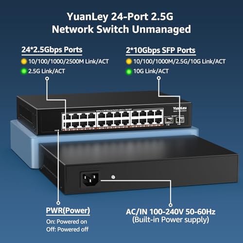 Image of 24 Port 2.5G Umanaged Ethernet Switch, 24 x 2.5Gb Base-T Ports, 2 x 10G SFP+, Compatible with 100 /1000 /2500Mbps, Metal Fanless, Desktop /Rack Mount YuanLey 2.5Gbe Network Switch for AP, NAS, PC