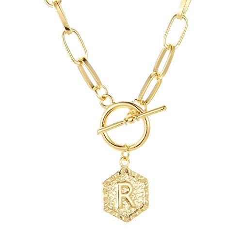 Choosebuy 14K Gold Chunky Link Necklace Initial Letter Pendant Medallion Minimalist Jewelry Handmade Vintage Paperclip Choker Gift for Women Girls (R)