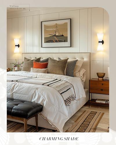 Image of Black Wall Sconces Set of Two, HWH Modern Wall Light Fixtures Indoor Wall Lamp Up and Down, Matte Black Finish with Frosted Milk White Striped Glass Shade, 5HZG97B-2W-2PK BK