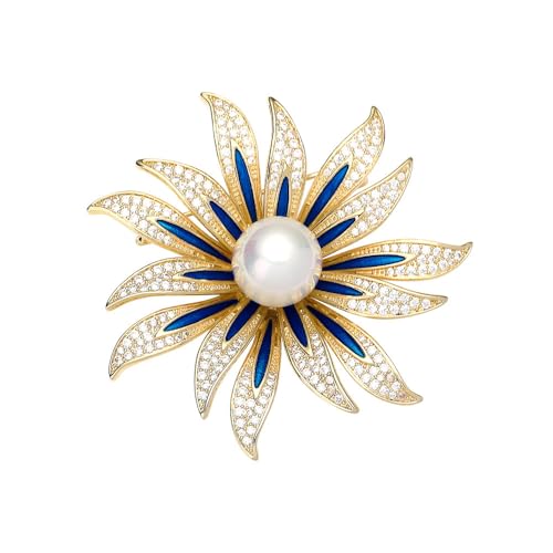 Elegant Sunflower CZ White Pearl Blue Enamel Brooch Lapel Pins for Women Dainty Sparkly Crystal Flower Brooches Pin Fashion Jewelry for Party Banquet Dress Suit Ceremony Clothes Accessories Gifts for Her Thanksgiving (Gold)