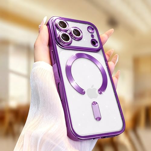 Image of Misscase for iPhone 17 Pro Max Case with Privacy Screen Protector, Built-in Lens Protector, Compatible with MagSafe, Anti-Yellowing Shockproof TPU, Bling Glitter Electroplated Cover 6.9 inch Purple