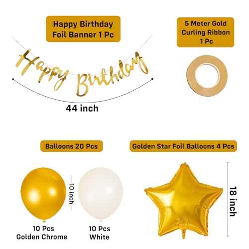Image of Party Propz Birthday Decoration Kit - 26 Pcs Golden & White Theme - Happy Birthday Banner, Star Foil Balloons, Decoration Kit for Boys, Girls & Husband (Cardstock,Foil)