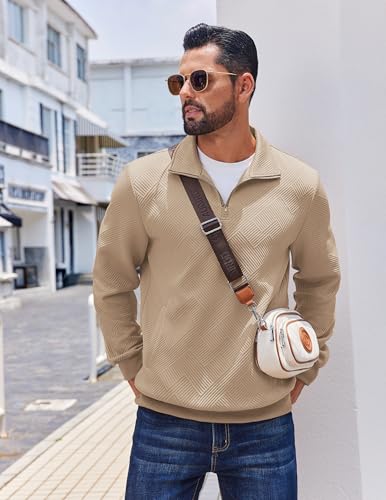 COOFANDY Mens Quarter Zip Pullover Casual Long Sleeve Quilted Sweatshirt Mock Neck Polo Sweater with Pocket3