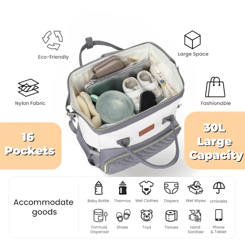 Baby Diaper Bag Backpack with Changing Pad, Pacifier Case, for Boy Girl Toddler - Large, Stylish, Waterproof Travel Quilted Diaper Bag for Mom - Gray/White