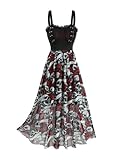 DRESSFO Women Gothic Skull Rose Dress Grommet Lace Up Ruched Ruffles A-Line Tank Midi Dress (Black/Medium)