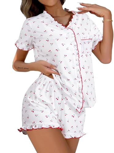 Remidoo Womens Cute Cherry Pajama Set Contrast Binding Frill Trim Split Shorts Pjs Loungewear White Small