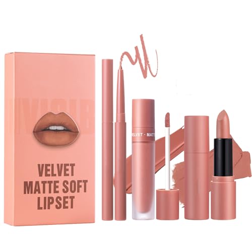 Image of Matte Nude Lipstick Set - 3PCS Lipstick Long Lasting Lipliner Pencil - All-IN-One Lip Filler Lip Gloss Liquid Lip Stick Kit - Lip Liner Set Lip Makeup Kits for Women Girls Daily Makeup