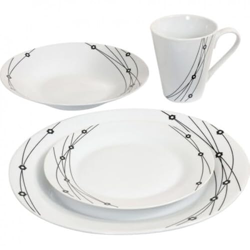 16pc Dinnerware Set - 4 Porcelain Bowls, 4 Mugs, 4 Side Plates & 4 Dinner Plates - Microwave & Dishwasher Safe - Ideal for Cereal, Desserts, Lunch, Dinner - Elegant Tableware (Black Floral)