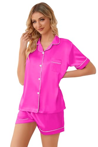 Image of Schbbbta Girls Womens Pajamas, Satin Silky Pjs Set Kids 2Pcs Button-Down Nightwear Sleepwear Gift for Mommy and me