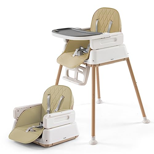 3 in 1 Baby High Chair,Adjustable Convertible Infant Baby Feeding Chair Booster for Eating with Detachable Double Tray,5 Point Harness,Khaki