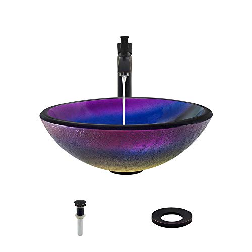 MR Direct 619-726-ABR Glass Vessel Sink in Rainbow Frost with Faucet and Pop-Up Drain in Antique Bronze, 726, Multi