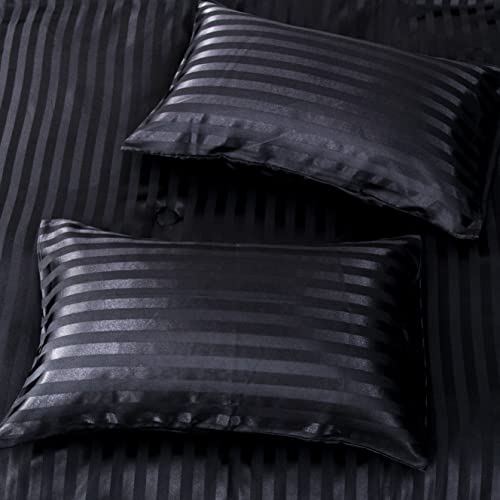 Yearning 5Pcs Black Silk Stripes Soft Comforter Set Sexy Luxury Ultra Soft Microfiber Bedding, Light Weighted Quilt Queen, Fitted Sheet, Flat Sheet With 2 Matching Pillow Bed-In-Bag #TOP2