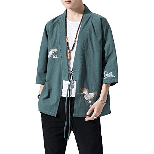 Image of PRIJOUHE Men's Kimono Jackets Cardigan Lightweight Casual Cotton Blends Linen Seven Sleeves Open Front Coat Outwear