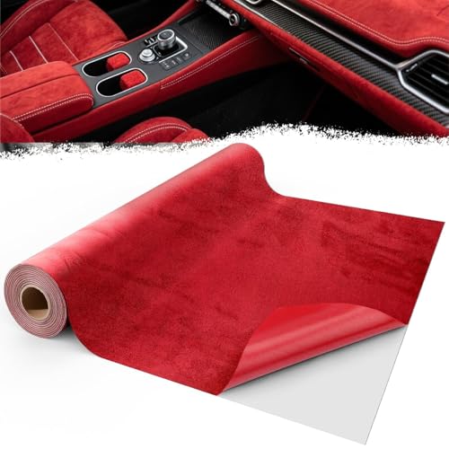 Mbsomnus Tejido de Microfibra Autoadhesivo 200x40 cm Tela del Coche Adhesivo Elástico Imitación Gamuza Cuero Sintético Rojo Lámina para Salpicadero Interior del Coche Muebles Joyería Cajón DIY