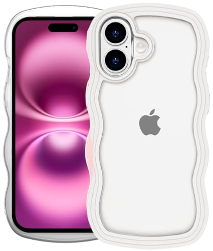 Image of GoldKart iPhone 16 Plus Case Wavy Edge Clear Back Design, Anti-Slip Grip Cute Wave Curly Frame Shape Shockproof Soft TPU & Hard PC Bumper Protective Phone Case Cover for Women Girls - White