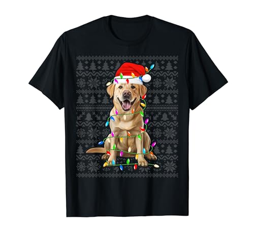 Labrador Retriever Dog Santa Hat Xmas Lights Ugly Christmas Camiseta