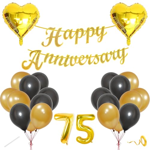 Image of Flyloons 75th Happy Anniversary Decoration Items Gold Black for Women Husband Wife Mom Dad Couple Bedroom With 20 Pcs Metallic Balloons Anniversary Banner 2 Pcs Heart Set Kit Golden Diamond Jubilee