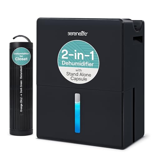 SereneLife 2-in-1 91 Oz Dehumidifier For Home, Bedroom, Bathroom, Basement with Removable Cylinder & Drying Base, Timer, Sleep Mode, & Smart Humidity Control, Covers 1200 Sq Ft 9 x 6 x 13 in, Black