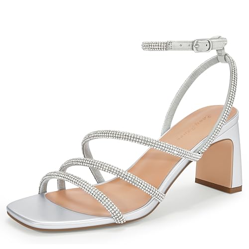 CosyFever Womens Rhinestone Sandals Ankle Strap Square Toe Dressy Heels Shoes for Party Wedding Dressy Dating