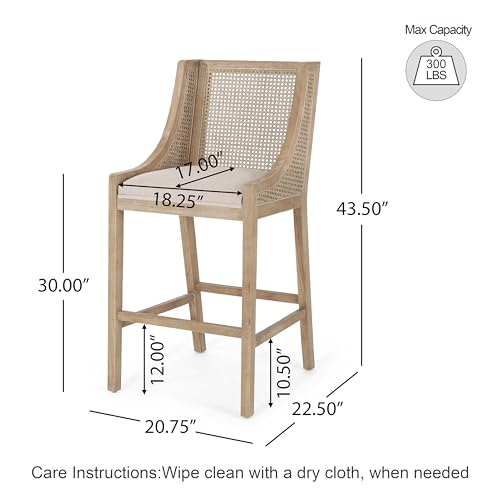 Butacos GDFStudio, Set de 2, Estilo Rústico Country, con Tapizado y Espaldar de Caña, Brazos y Patas de Madera, para Isla de Cocina, Altura 30 pulgadas, Color Beige + Natural miniatura 2