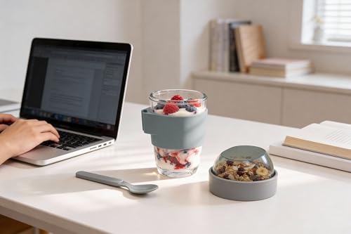 Image of Stegl Glass Yogurt & Coffee Cup 400ml with Dual-Compartment Topping Lid, One-Hand Flip Click Lock, Spoon & Silicone Sleeve - For Overnight Oats, Cereal, Fruit & Coffee Snacks