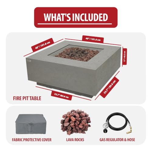 Image of AMS Creations | Brooklyn 40 inch Square Propane Gas Outdoor Fire Pit Table | Light Gray Concrete GFRC | Limestone Texture Surface Fire Pit Table