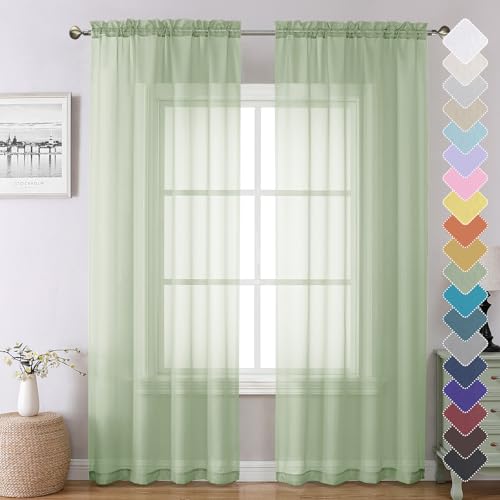 Image of Chyhomenyc Light Green Sheer Curtains 84 Inches Long 2 Panels Set- Light Filtering Curtains for Bedroom, Soft Airy Voile Rod Pocket Living Room Window Drapes, 42Wx84L Inches, 2 PCS
