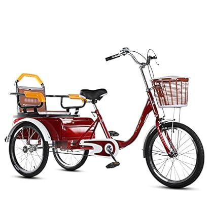 20-Zoll-Dreirad für Erwachsene, Single-Speed-Fahrrad, verstärkter Rahmen aus Kohlenstoffstahl, dreirädriges Cruiser-Fahrrad mit Rücksitz und Einkaufskorb (rot) – Bild 3